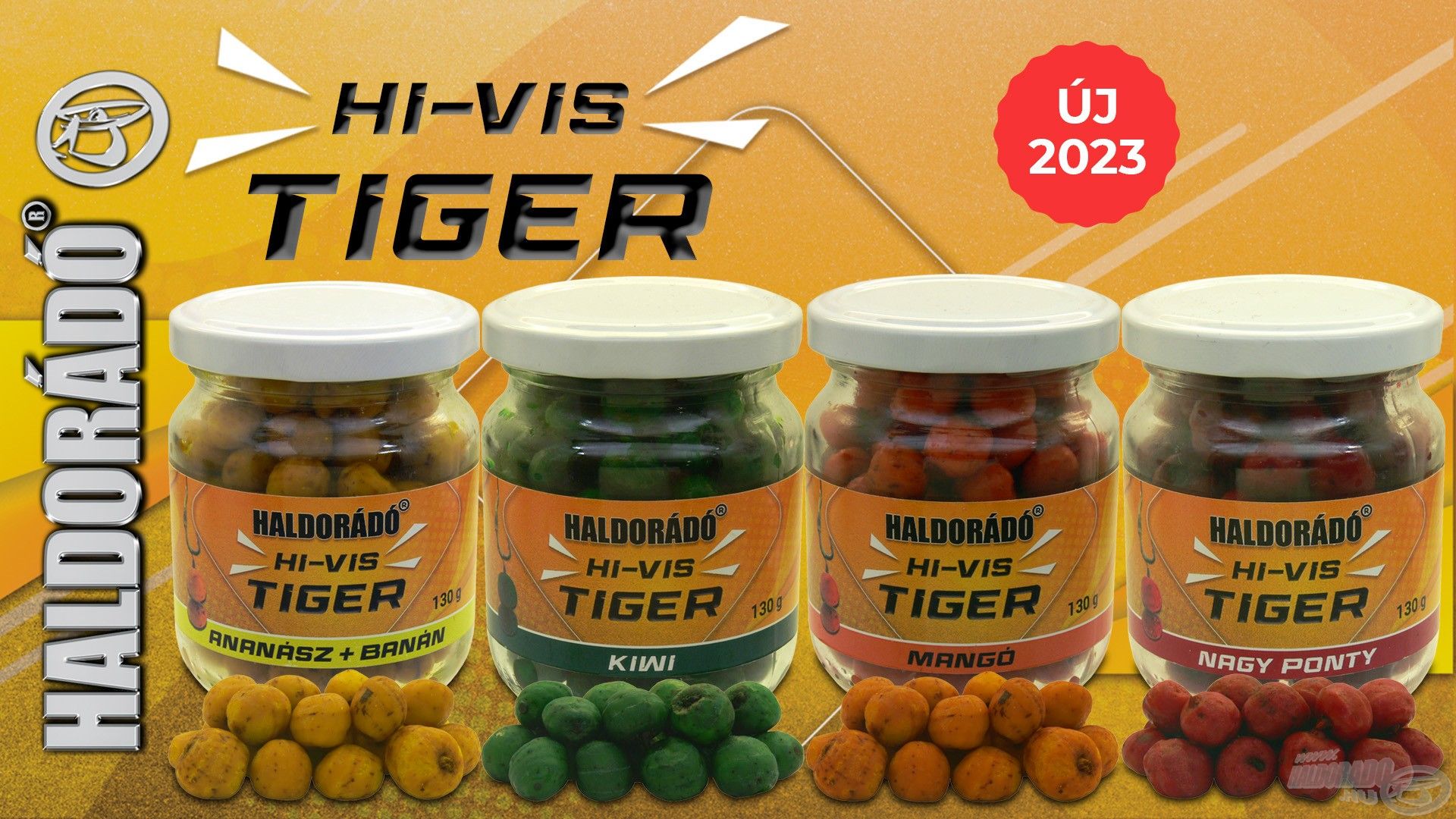 A Hi-Vis Tiger feltűnő színű és ízű csalizó tigrismogyoró négyféle szín- és ízválasztékban érhető el