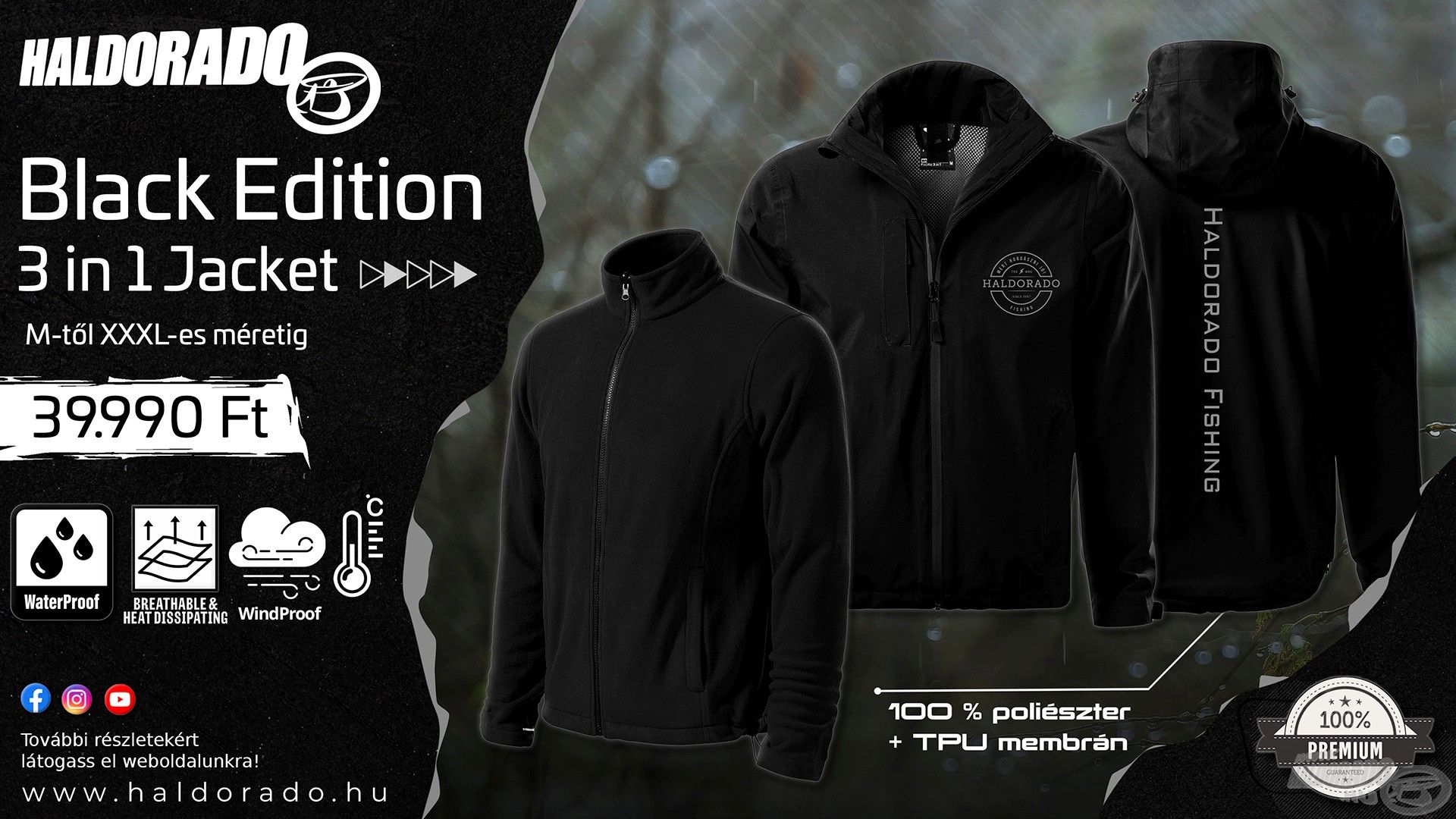 A Haldorádó Black Edition 3 in 1 Jacket a legújabb, átmeneti időszakra szánt ruházatunk. Igazán mutatós, egyedi és stílusos ruhadarab, mely jó választás egyaránt horgászat vagy utcai viselet során