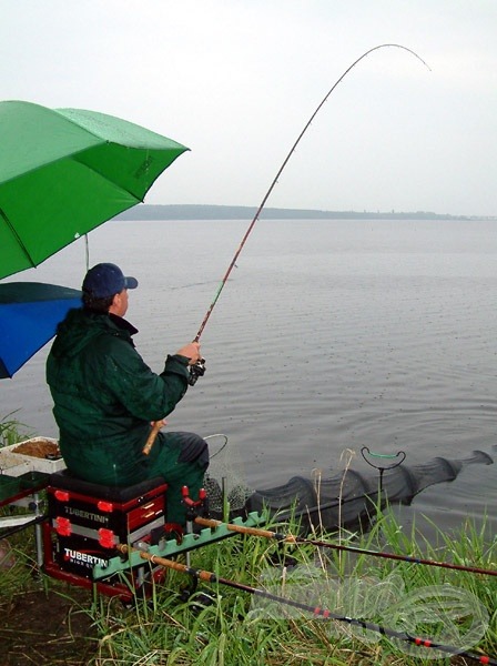 A szakadó eső sem gátolta Tibort, és folyamatosan „görbe” bottal horgászott