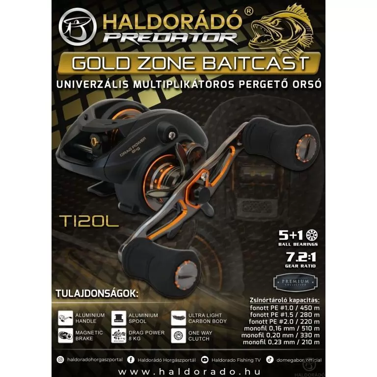 HALDORÁDÓ Predator Gold Zone Baitcast T120L erős univerzális multiplikátoros pergető orsó / 1