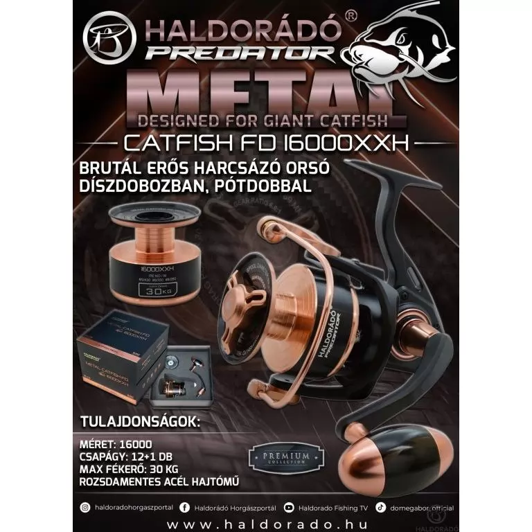 HALDORÁDÓ Predator Metal Catfish FD 16000XXH brutál erős harcsázó orsó díszdobozban, pótdobbal / 1