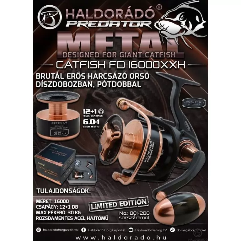 HALDORÁDÓ Predator Metal Catfish FD 16000XXH brutál erős harcsázó orsó díszdobozban, pótdobbal / 1